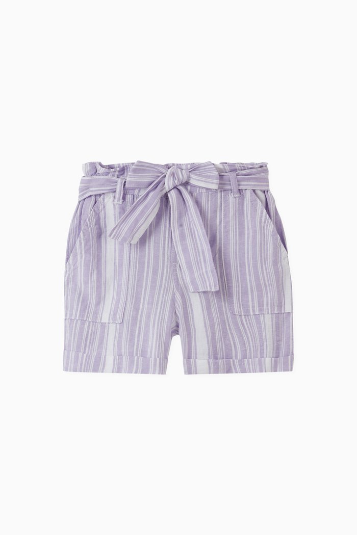 

Belted Paperbag Linen-blend Shorts, Purple