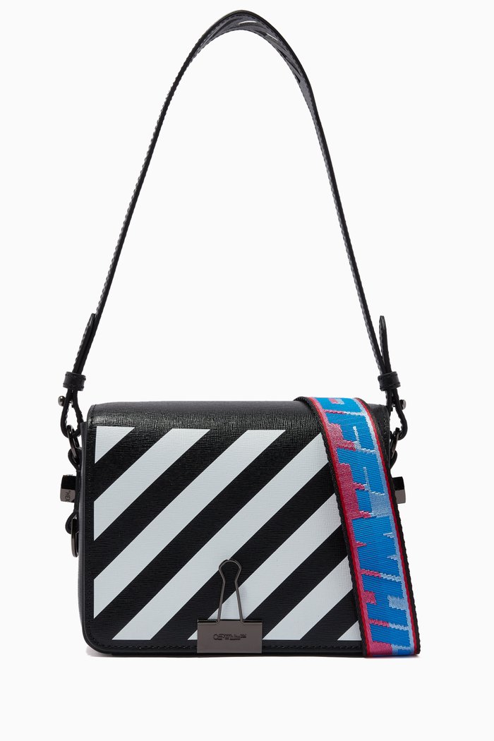 Diagonal Stripe Flap Bag in Leather, Black