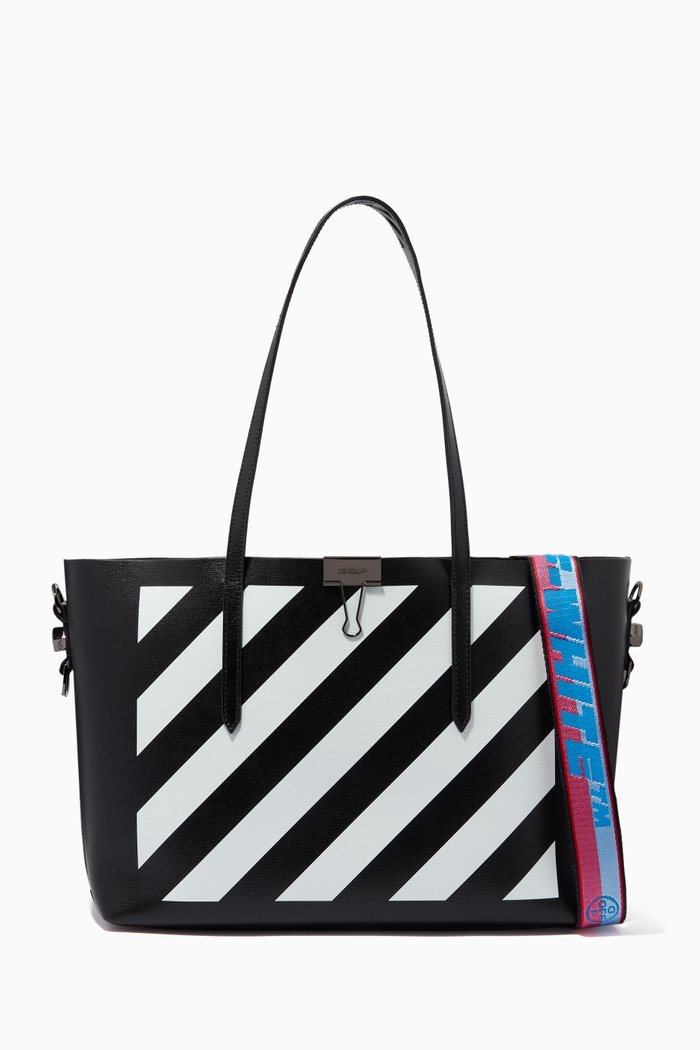 

Diagonal Stripe Shopper Tote Bag in Leather, Black