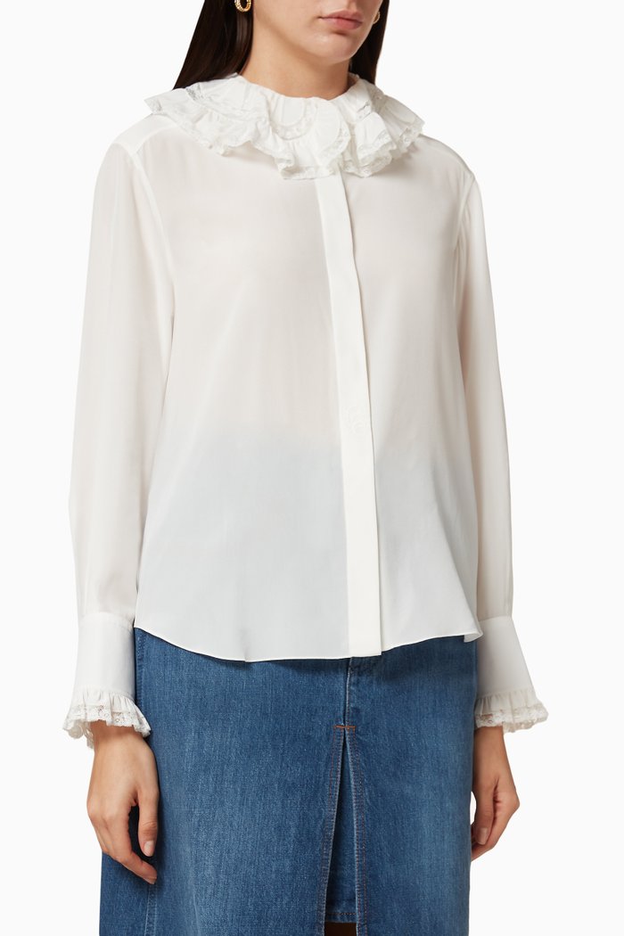 

Ruffled Collar Silk Blouse, White