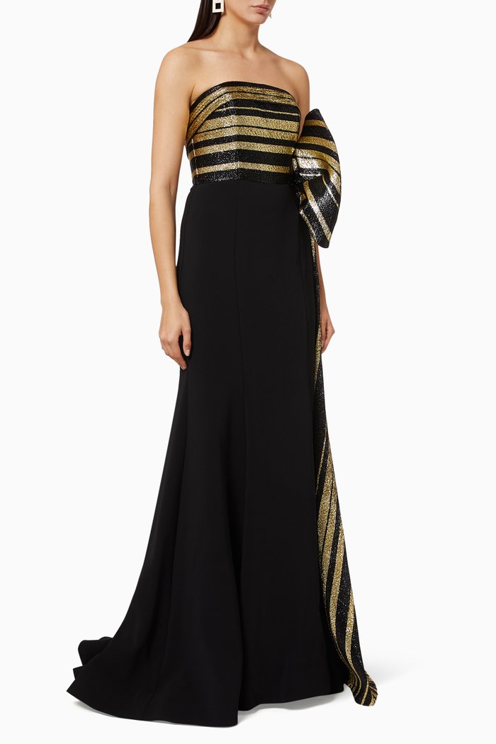 

Metallic Stripe Bow Gown, Black