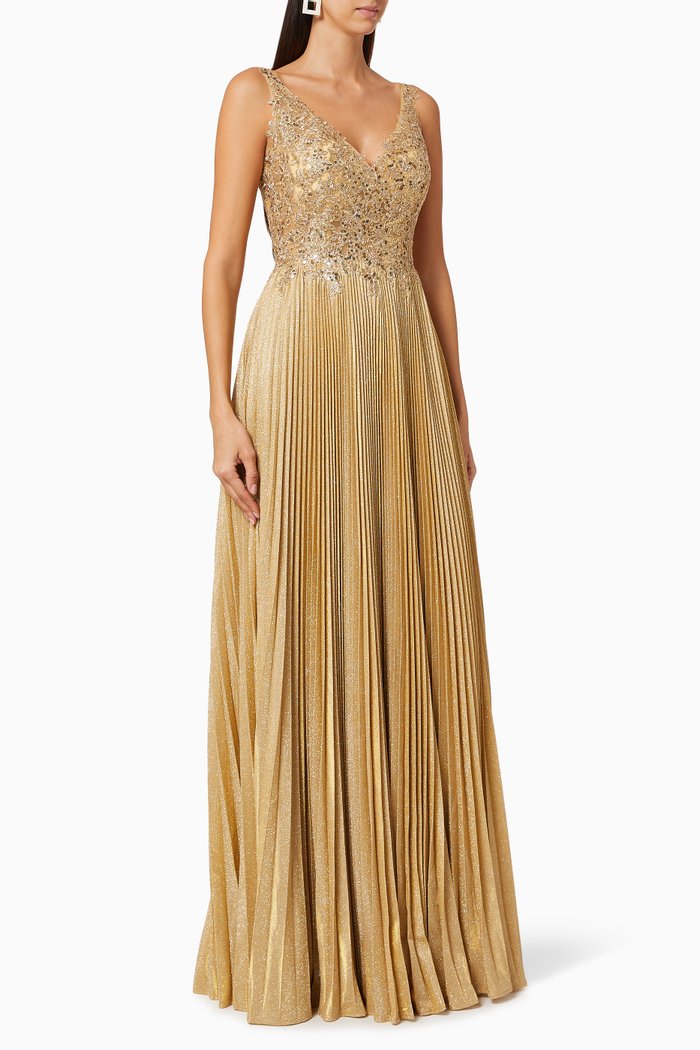 

Sequin Embroidered Plisse Gown, Gold