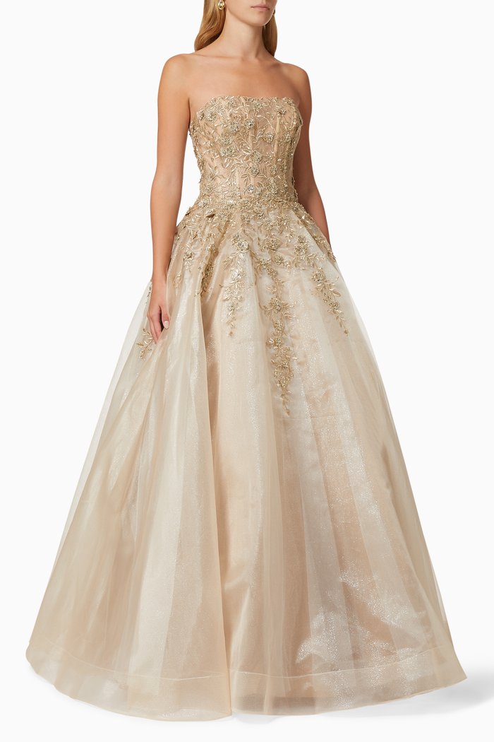 

Strapless Gown with Floral Appliques, Gold
