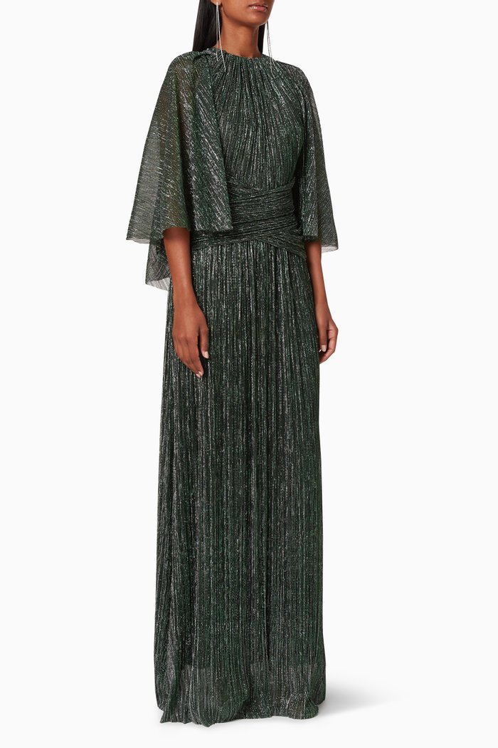 Metallic Pleated Dress, Green
