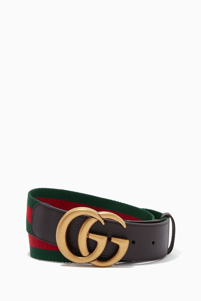 

GG Marmont Double G Belt with Web Stripe in Leather, Brown
