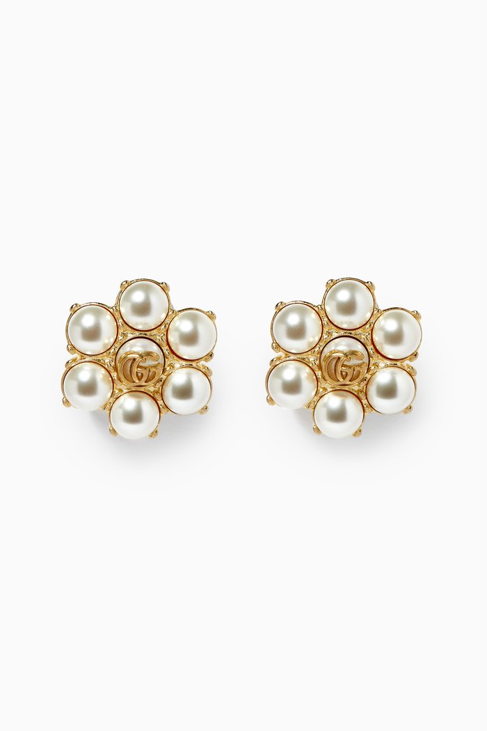 

Double G Clip Earrings with Pearls, Gold