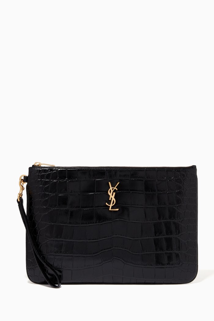 

Monogram Tablet Pouch in Crocodile Embossed Leather, Black