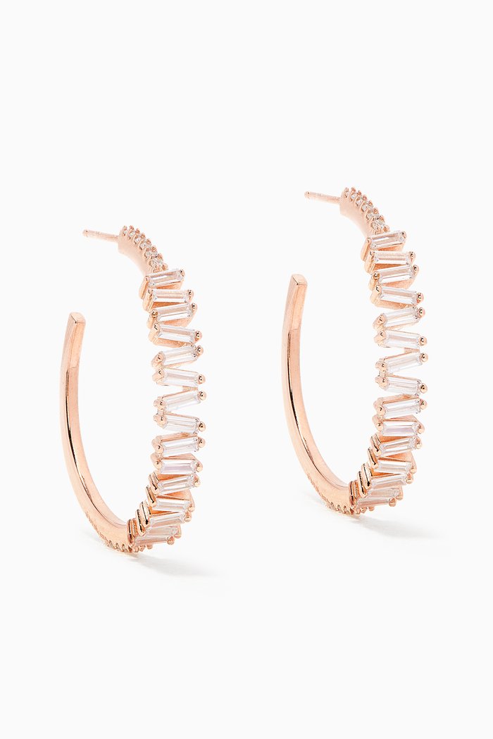 

Hoop Zigzag Baguette Stone Earrings in Sterling Silver, Rose gold