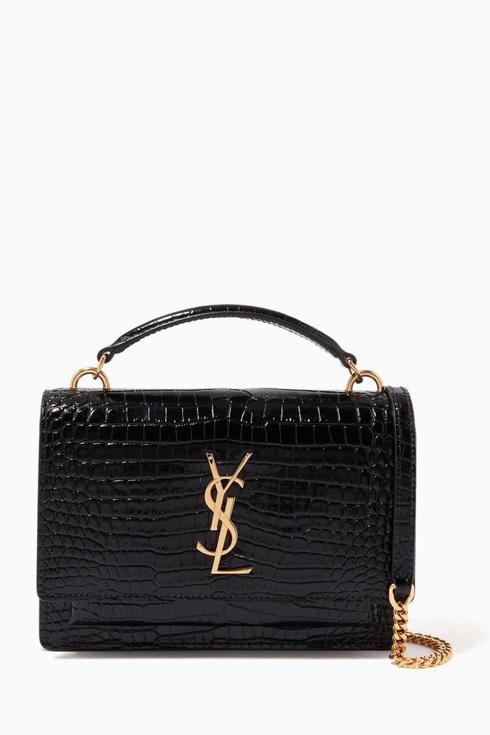 

Sunset Chain Wallet in Crocodile Embossed Shiny Leather, Black