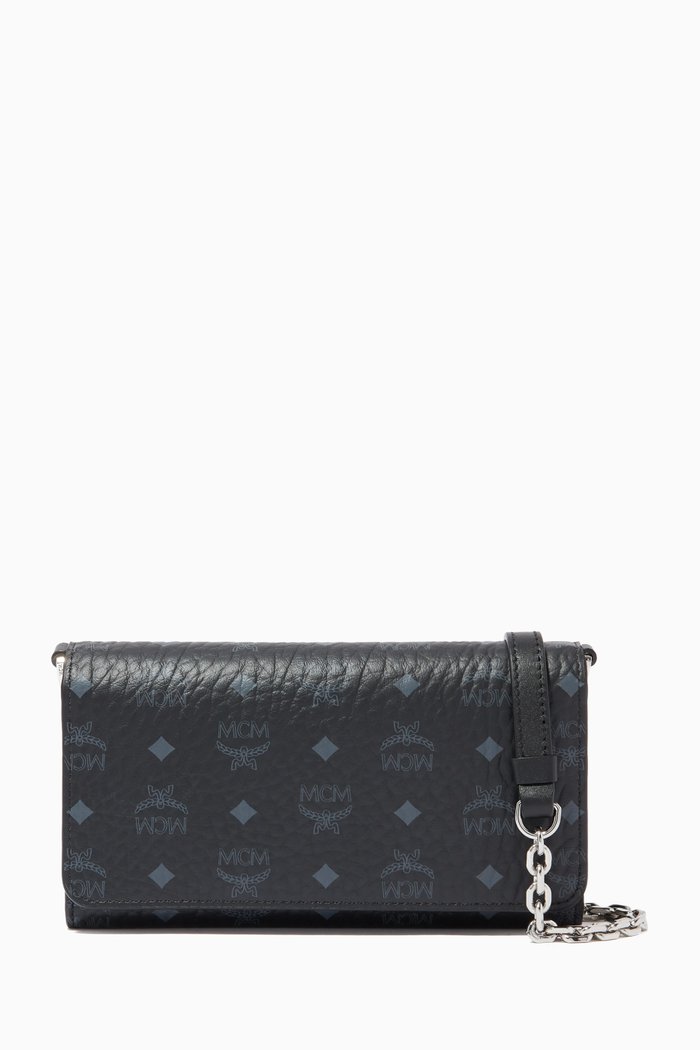 

Trifold Crossbody Phone Wallet in Visetos, Black