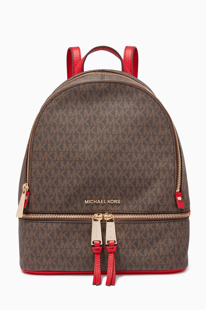 

Rhea Medium Backpack in Logo Canvas & Pebbled Leather, Neutral
