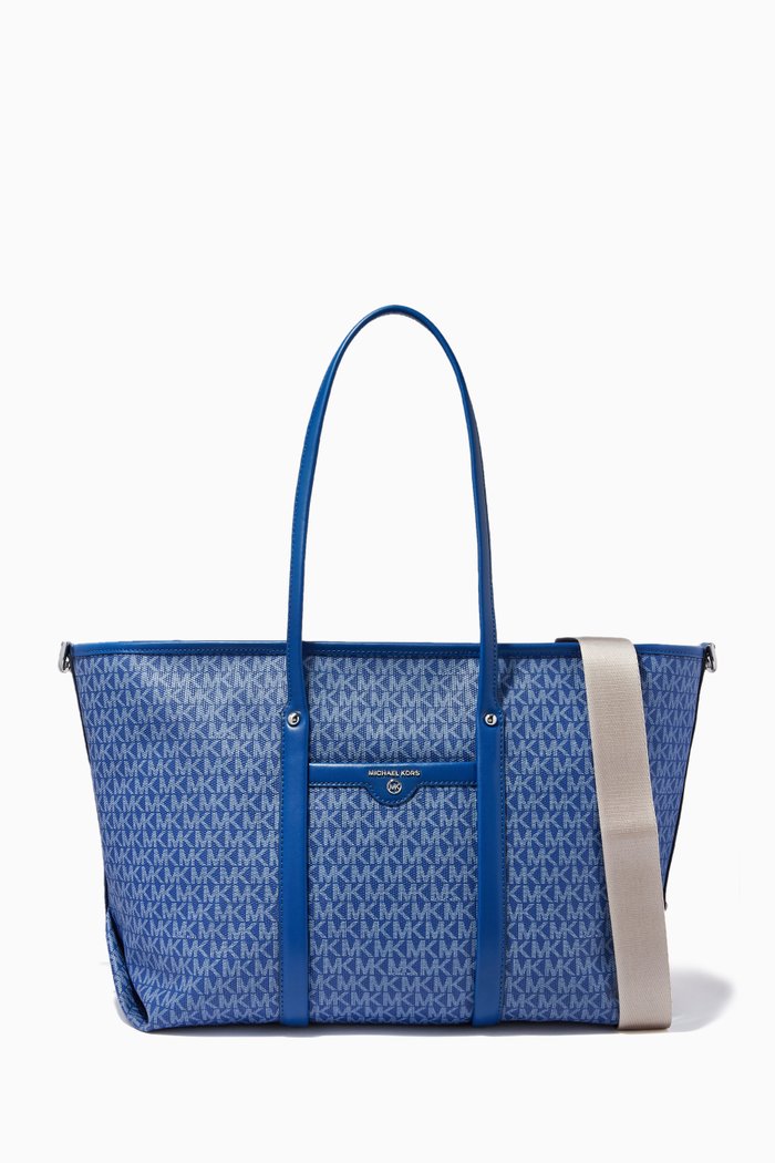 Large Beck Tote Bag in Logo Canvas and Leather, Blue