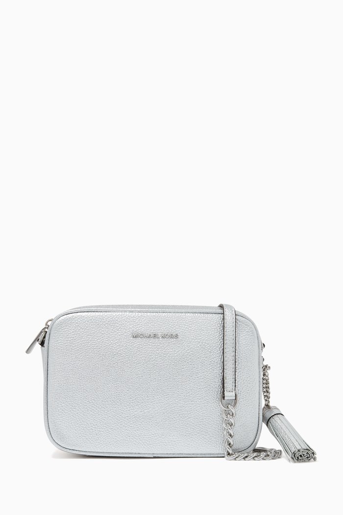 

Medium Ginny Crossbody in Metallic Pebbled Leather, Grey