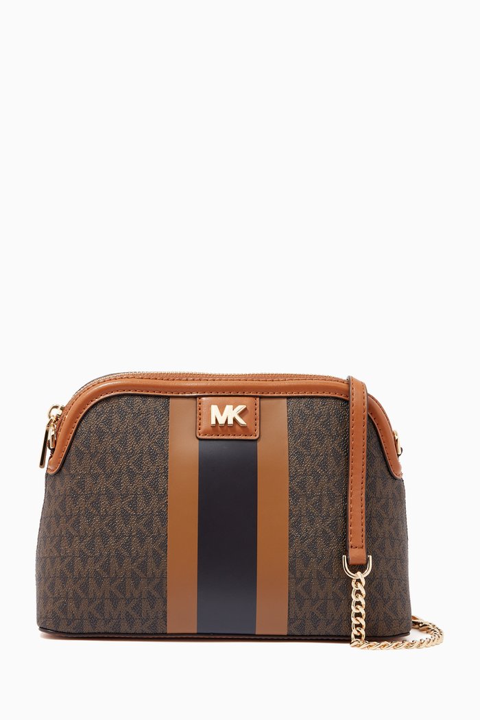

Large Stripe Dome Crossbody Bag in Logo Canvas & Leather, Neutral