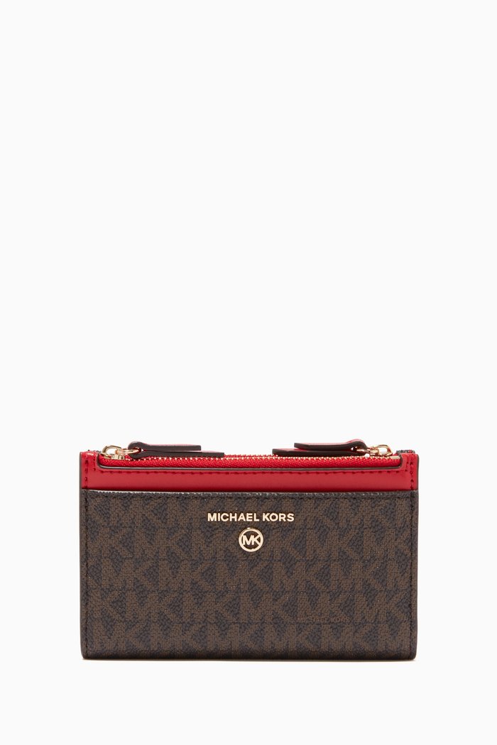 Small Double-zip Card Case in Logo Canvas & Leather, Neutral
