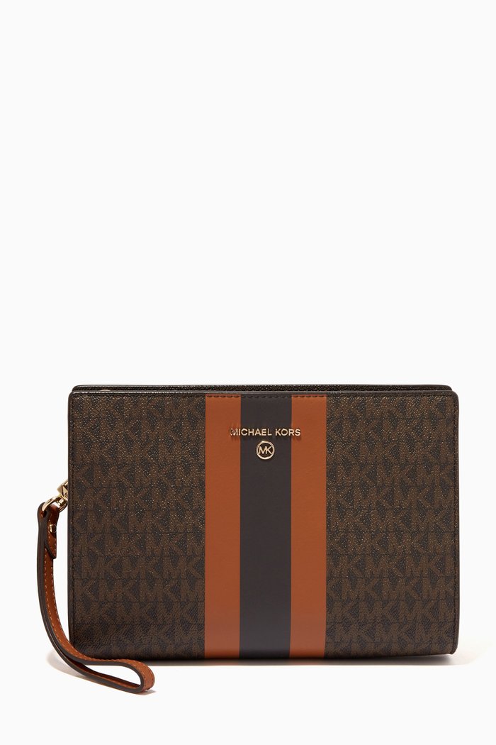 

Travel Wristlet Pouch in Signature Logo-print Canvas, Neutral