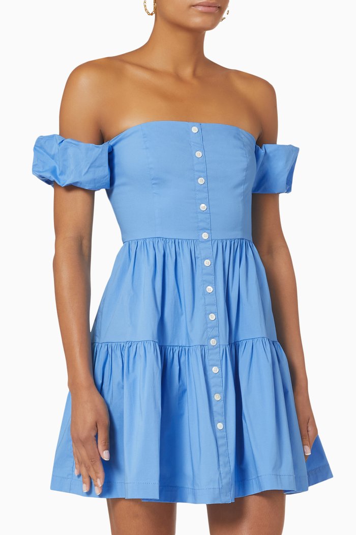 

Elio Off Shoulder Mini Dress in Cotton Poplin, Blue
