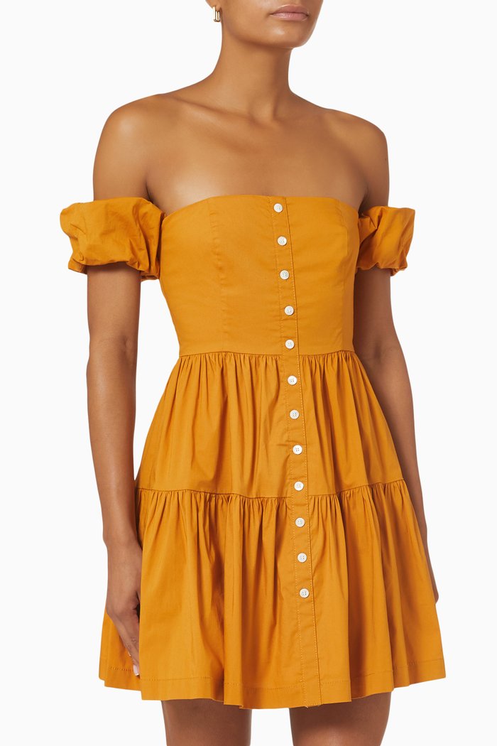 

Elio Off Shoulder Mini Dress in Cotton Poplin, Yellow