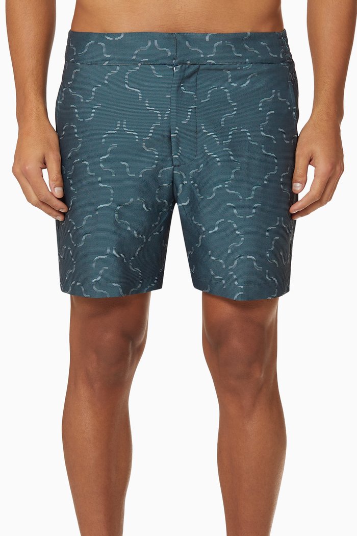 

Linear Tile Print Cotton Swim Shorts, Green