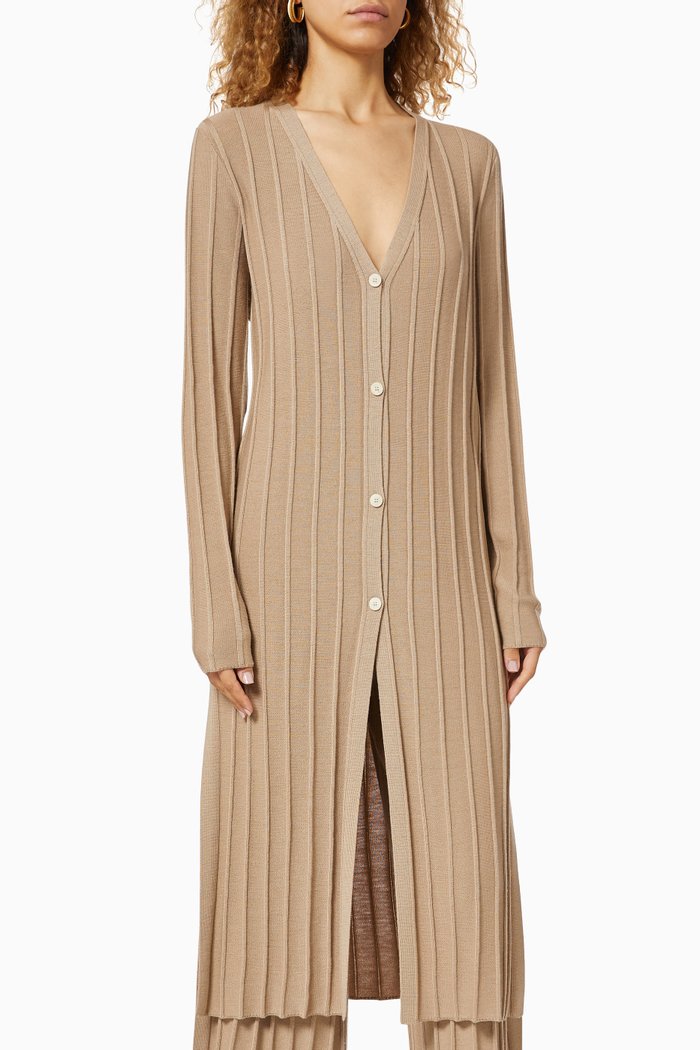 

Wide Ribbed Merino Wool Long Cardigan, Neutral