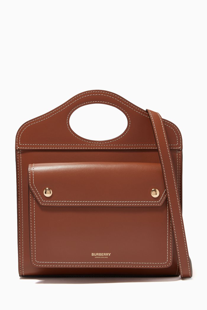 

Mini Pocket Bag in Topstitched Leather, Brown