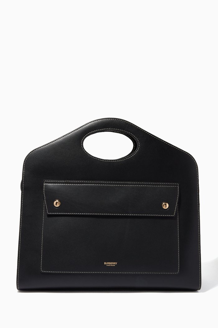 

Medium Pocket Tote Bag in Topstitched Leather, Black