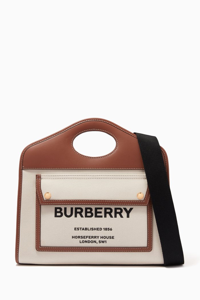 

Small Pocket Tote Bag in Cotton Canvas and Leather, Brown