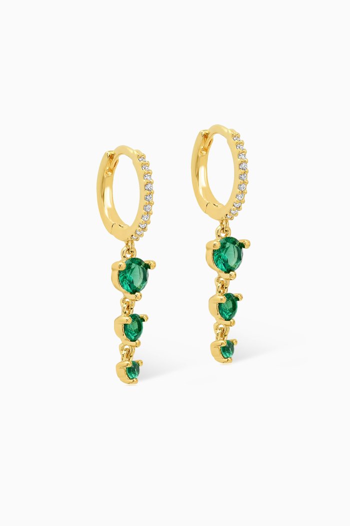 

Glass Stone Dangles Pave Huggie Earrings in Gold-plated Brass, Green