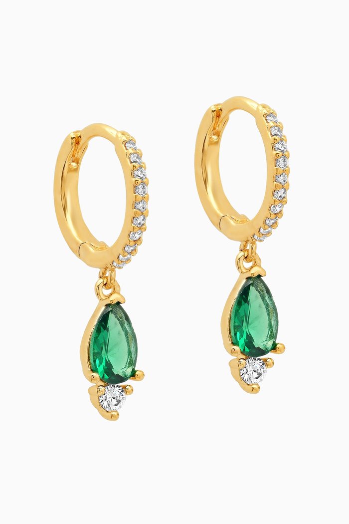 

Pave CZ Huggies with Emerald Teardrop Dangle, Green