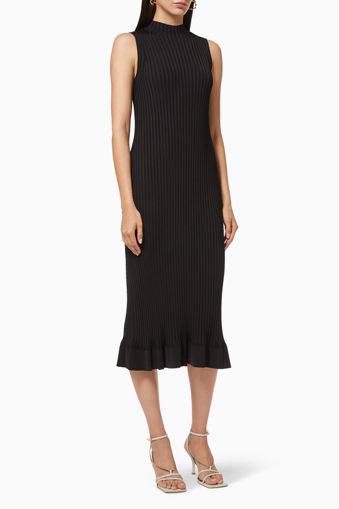 

Flared Ribbed Dress in Stretch Knit, Black