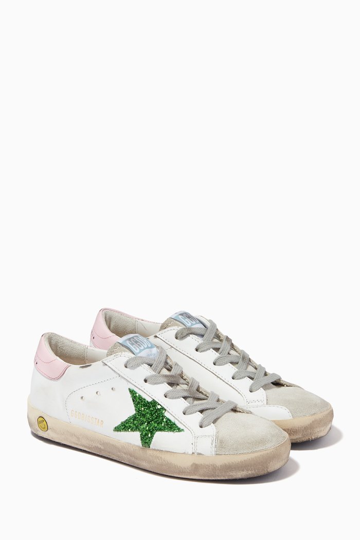 Super-Star Sneakers with Glittery Star in Leather, White