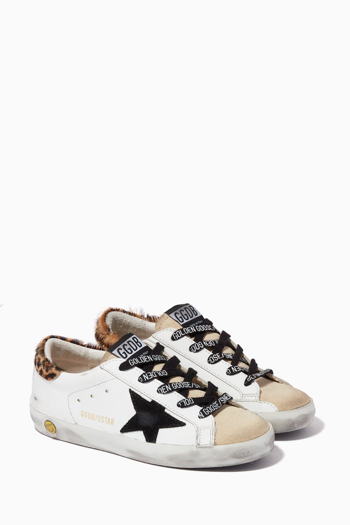 

Super-Star Sneakers with Suede Star & Leopard-Print Heel Tab in Leather, White