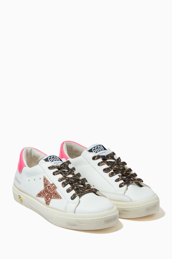 

May Glitter Star Sneakers with Shiny Leather Heel in Leather, White