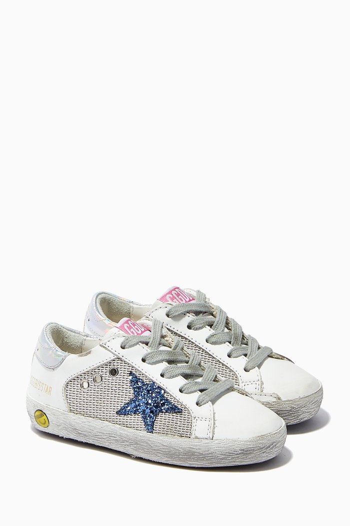 

Super-Star Sneakers with Glitter Star in Net Fabric and Leather, White