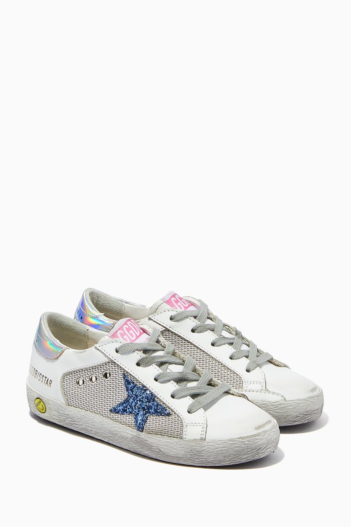 

Super-Star Sneakers with Glitter Star in Net Fabric and Leather, White