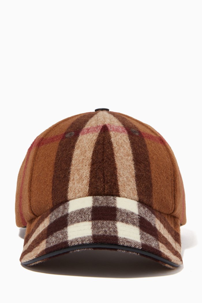 

Baseball Cap in Check Wool and Lambskin, Brown