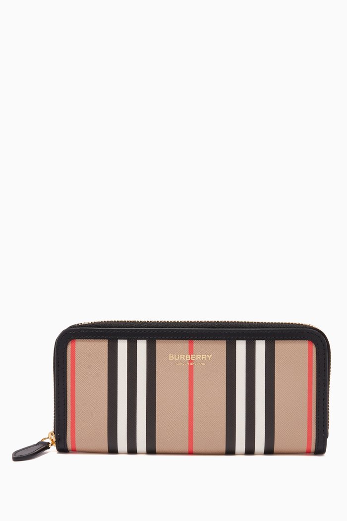 Zip Wallet in Icon Stripe E-canvas and Leather, Neutral