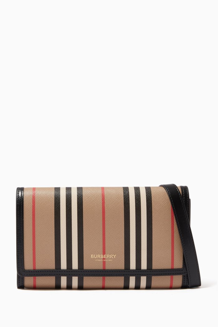 

Wallet with Detachable Strap in Icon Stripe E-canvas and Leather, Neutral