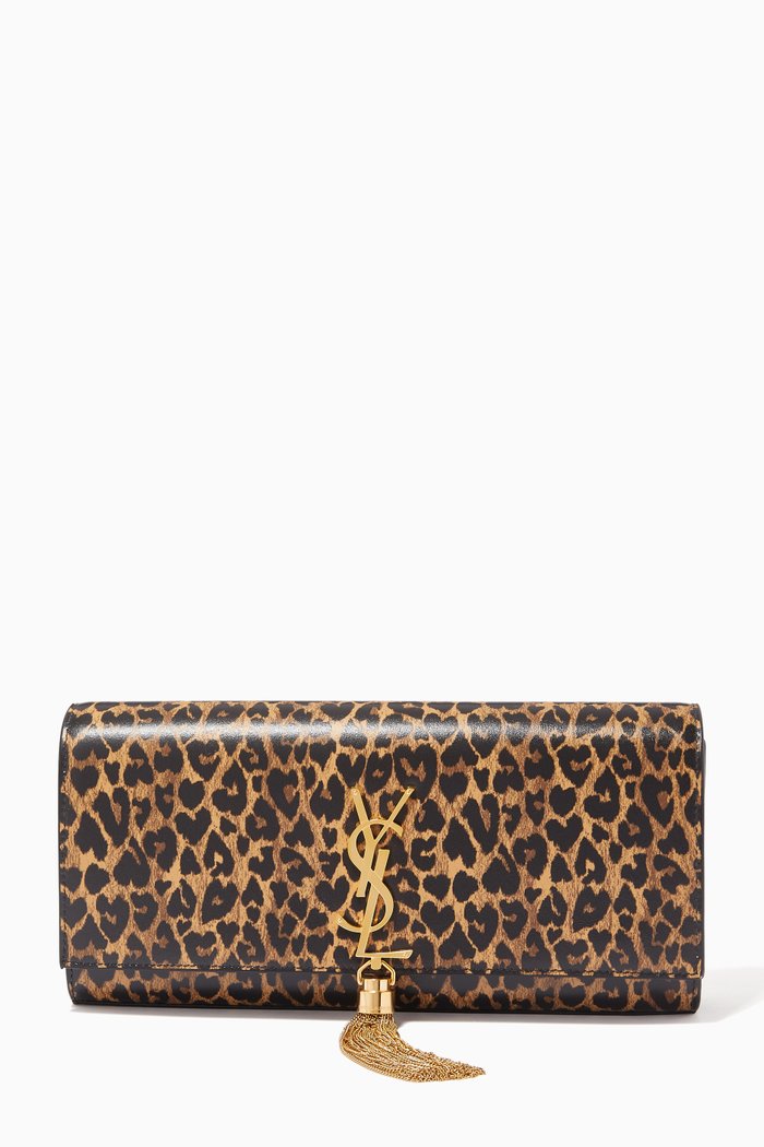 

Kate Tassel Clutch in Heart-shaped Leopard-print Leather, Brown