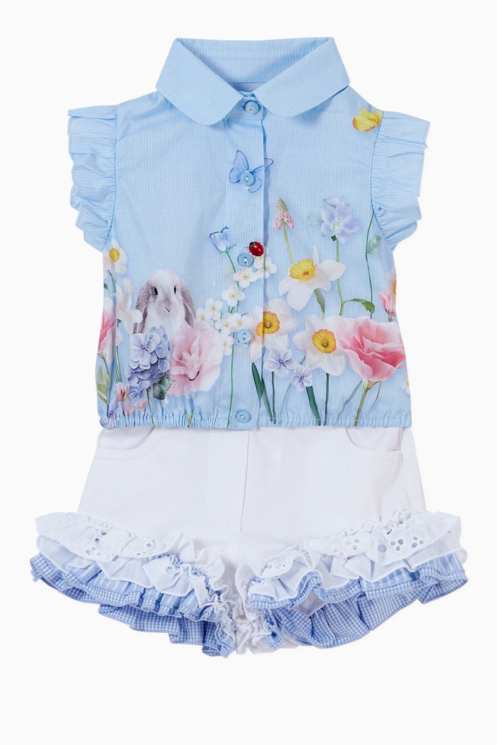 

Floral Print Shirt & Ruffled Shorts in Cotton, Blue