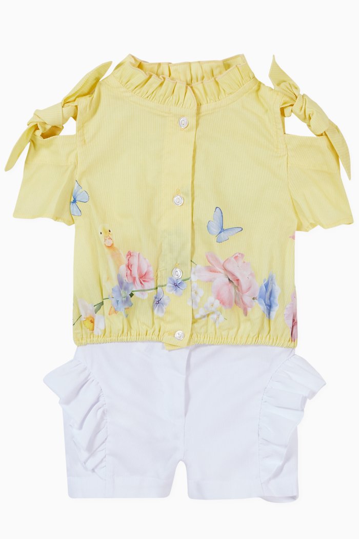 

Floral Print Shirt & Ruffled Shorts in Cotton, Yellow