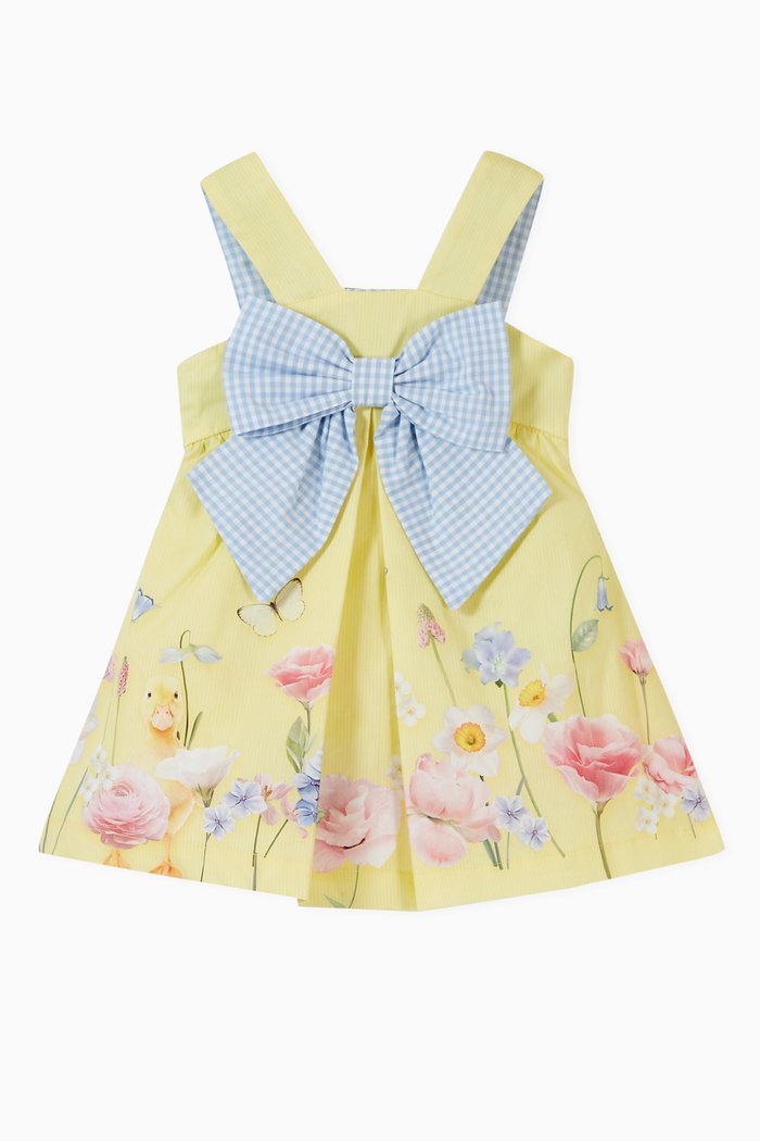 Floral Print Bow Dress in Cotton, Yellow