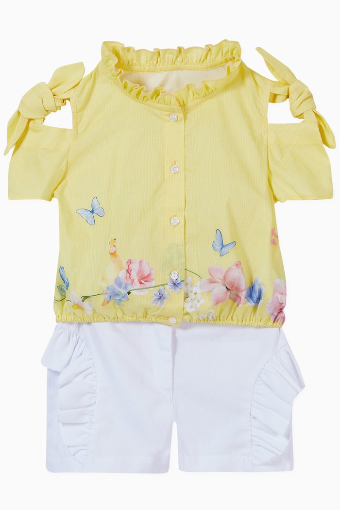 

Floral Print Shirt & Ruffled Shorts in Cotton, Yellow
