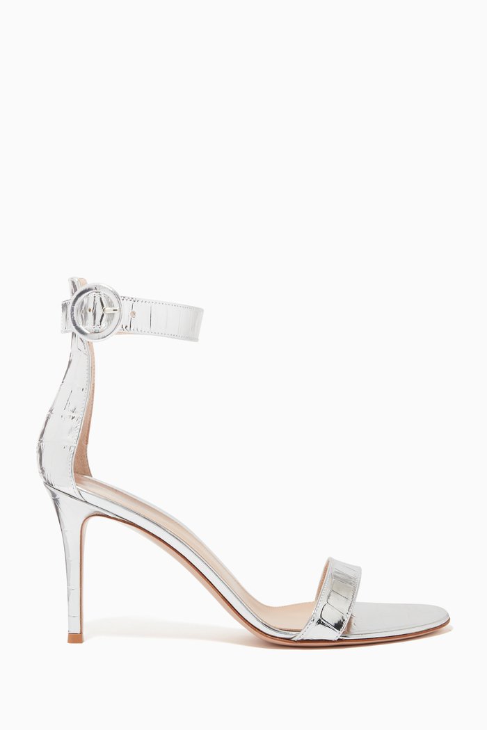 

Portofino 85 Sandals in Metallic Croc-Embossed Leather, Silver
