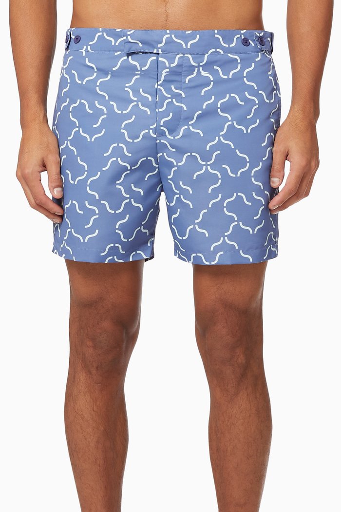 

Linear Tile Print Cotton Swim Shorts, Blue