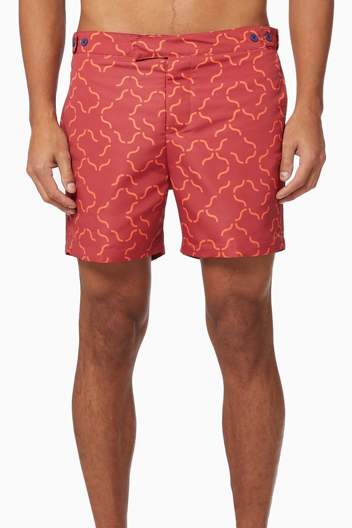 

Linear Tile Print Cotton Swim Shorts, Red