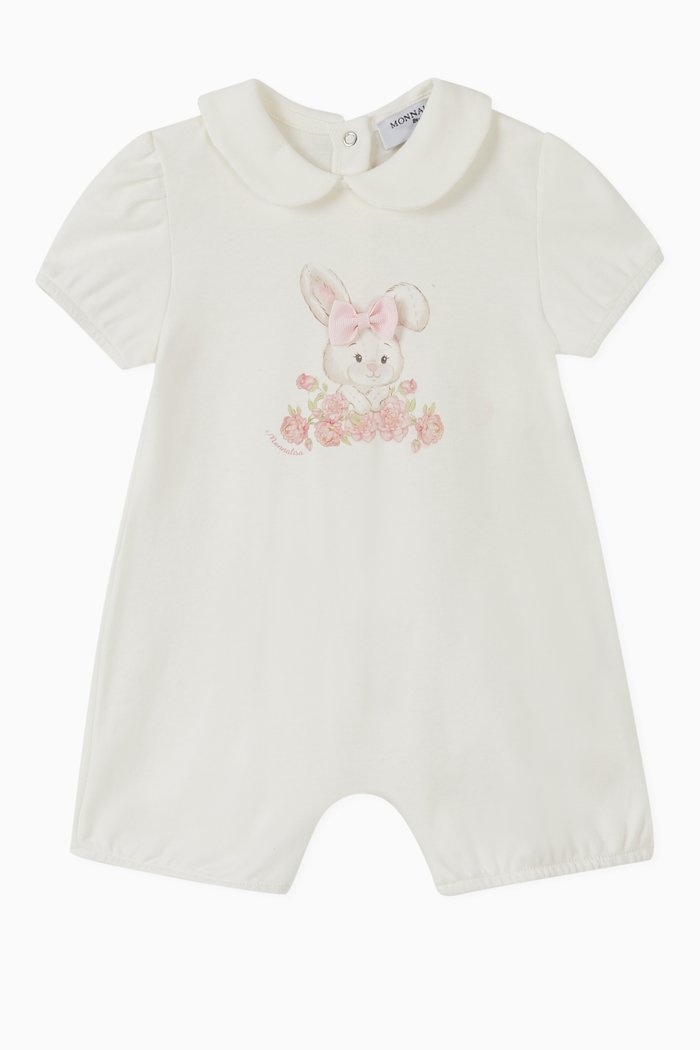 

Bunny Print Cotton Romper, White