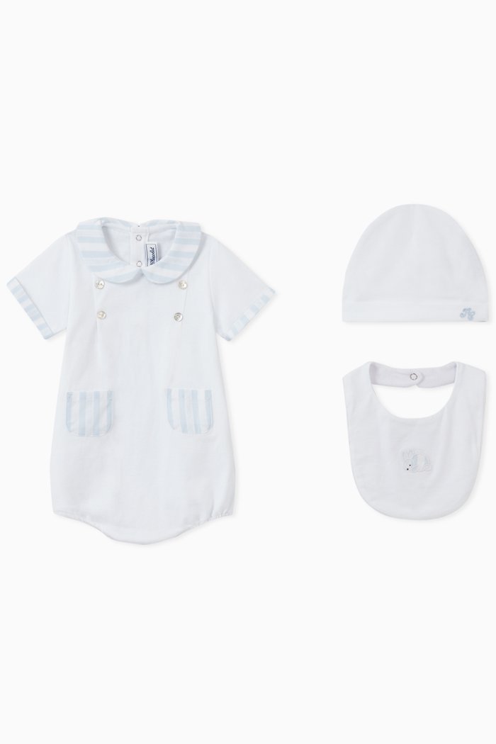 

Striped Bodysuit, Bib & Hat Set, White
