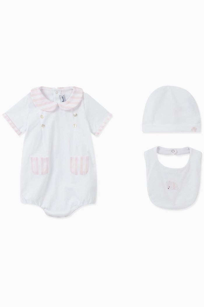 

Striped Bodysuit, Bib & Hat Set, White