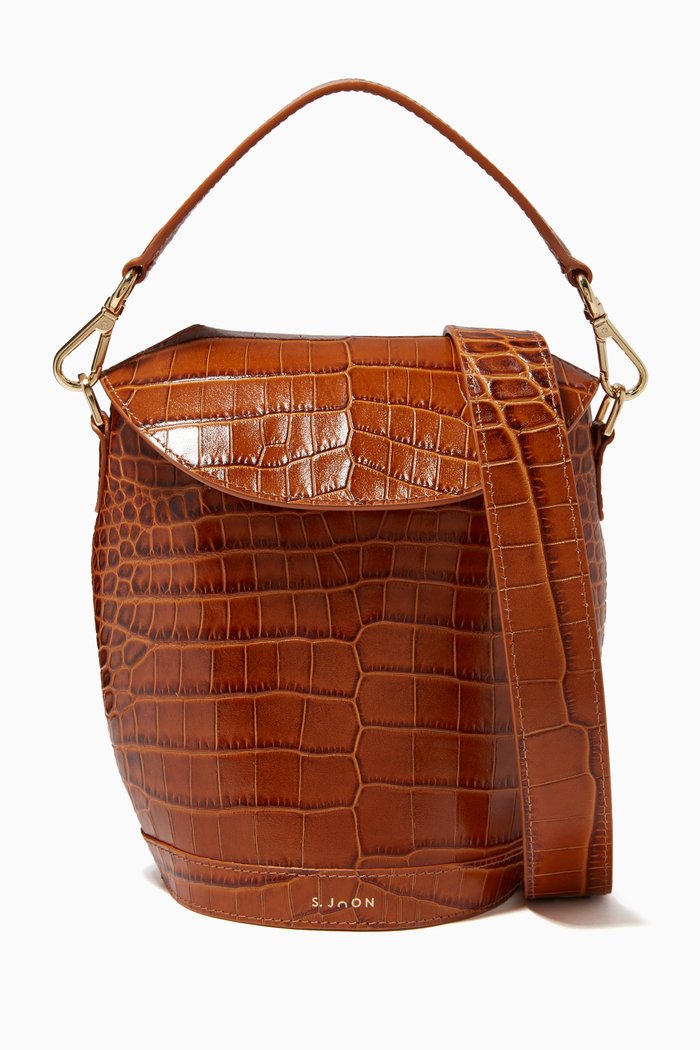 

Milk Pail Bag in Croco Effect Leather, Brown